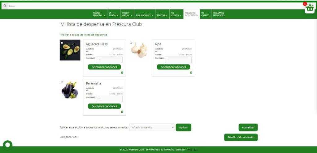 Productos en la lista